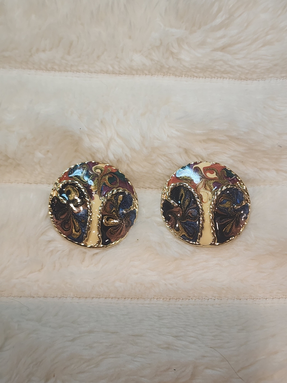 Vintage Made in USA Enamel Tree Statement Earrings Gold Tone Pierced